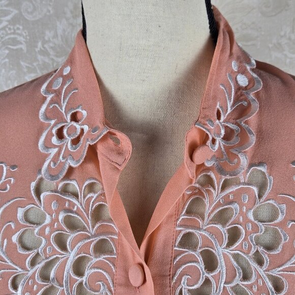 Bob Mackie Wearable Art Size Medium Peach 100% Silk Blouse with Eyelet Cutouts - Picture 2 of 14